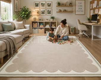 Scalloped Edge Wool Area Rug, Beige Sage Green Border Hand Tufted Rug, Neutral Minimalist Nursery Decor, Custom Wavy Frame Living Room Rug