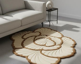 3D Sculpted Flower Hand Tufted Rug Flower Shaped Rose Camellia Woolen Area Rug Cream Beige Brown Custom Non Slip Aesthetic Cute Room Decor