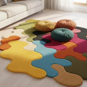 May include: An area rug featuring an irregular, organic shape composed of interlocking patches in yellow, blue, orange, green, pink, and black. Three round, tufted floor cushions in mustard yellow, terracotta, and dark teal rest on the rug.
