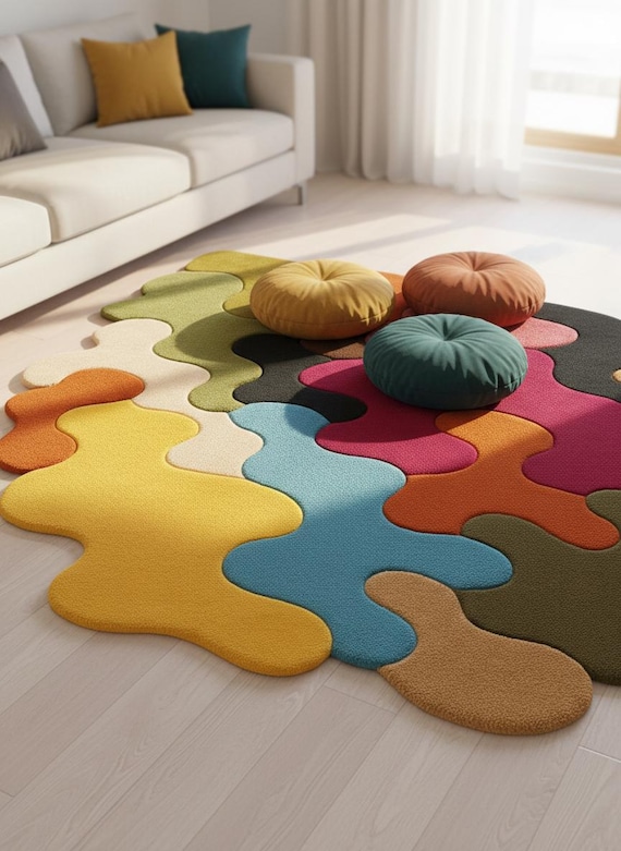 Handmade Abstract Irregular Rug - Colorful Wavy Blob Shape Tufted Carpet - Funky Puzzle Piece Area Rug for Living Room - Modern Artistic Rug
