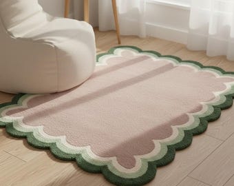Scalloped Hand Tufted Rug Wavy Border Pastel Pink Green Woolen Area Rug Custom Non Slip Cute Kids Room Decor Aesthetic Minimalist Rug