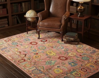 Handgefertigter Rosa Oushak Teppich, Handgeknüpfter Wollteppich für Wohnzimmer, Schlafzimmer, Boho Teppich, 8x10