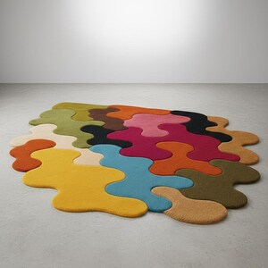 May include: A multi-colored area rug featuring an irregular, organic shape composed of interlocking puzzle-like segments. The rug displays a vibrant palette including yellow, blue, orange, pink, green, brown, and black, with a textured pile surface.