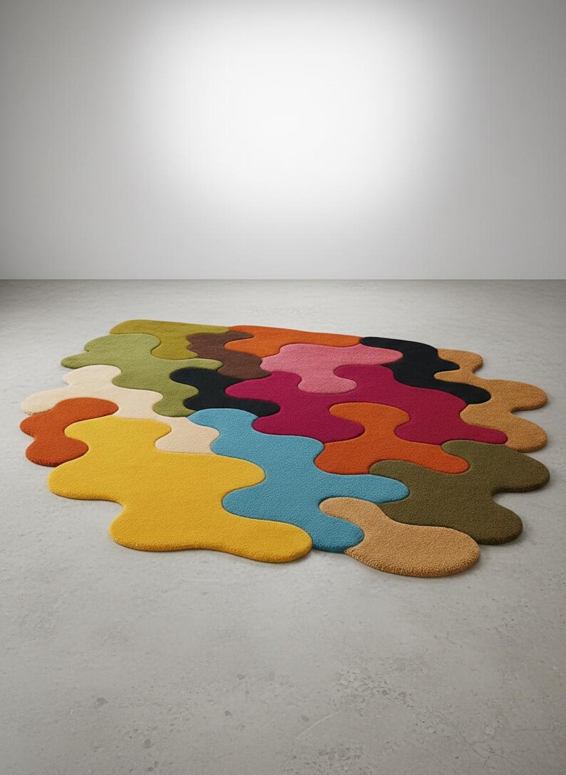 May include: A multi-colored area rug featuring an irregular, organic shape composed of interlocking puzzle-like segments. The rug displays a vibrant palette including yellow, blue, orange, pink, green, brown, and black, with a textured pile surface.