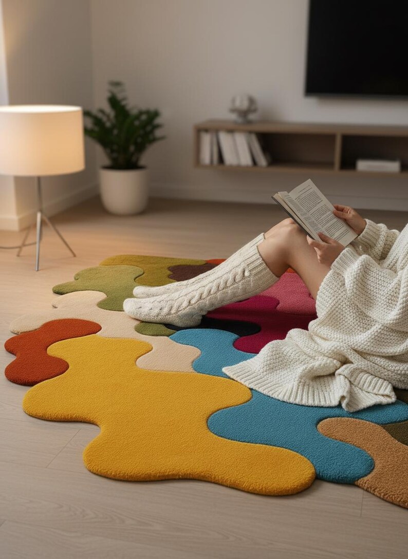 May include: A large, irregular-shaped area rug featuring a vibrant, multi-colored puzzle-piece pattern in shades of mustard yellow, teal, red, olive green, and beige. The rug has a textured, tufted surface and sits flat on a light-colored floor.
