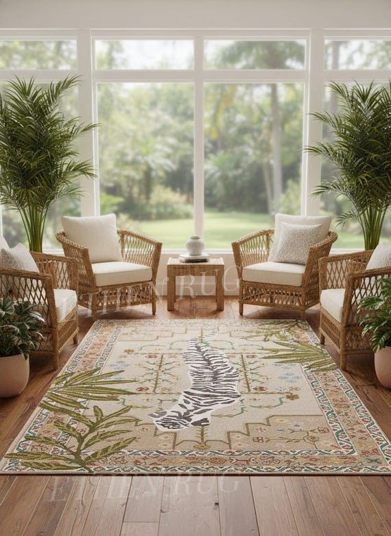 Tiger Skin Pattern Wool Rug, Hand Tufted Jungle Animal Area Rug for Home Office Dark Academia Decor, Large Botanical Rug, Safari Nursery Art