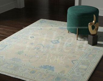 Beige-Elfenbein Oushak-Teppich, handgeknüpfter Wollteppich, gedeckter pastellblauer türkischer Blumenteppich, für Schlafzimmer, neutraler Dekorteppich 8x10