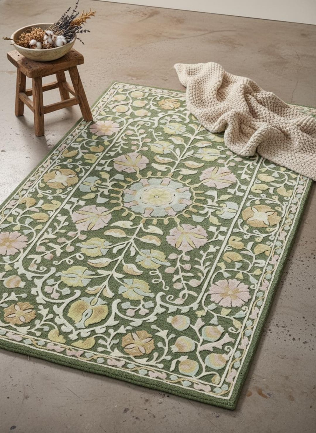 Handmade Green Floral Tufted Wool Rug - Sage Green Botanical Area Rug ...