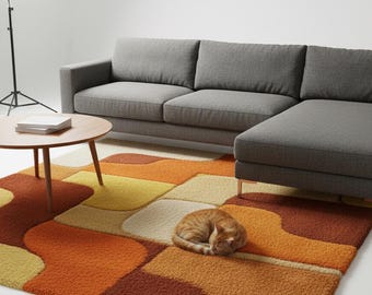 Mid Century Modern Rug, Retro 70s Abstract Area Rug, Large Geometric Shag Rug for Living Room, Funky Orange Brown Home Decor, Aesthetic Rug
