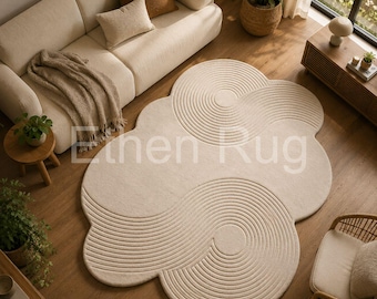 Minimalist Zen Garden Hand Tufted Wool Rug - Irregular Cloud Cream Area Rug, Wavy Neutral Beige Sculpted Swirl Carpet, Custom Shaped Rug
