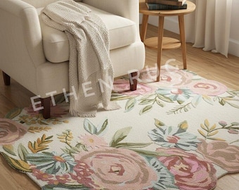 3D Floral Tufted Rug, Sculpted Irregular Pink Flower Area Rug, Large Hand Tufted Wool Rug, Cottagecore Decor, Thick Aesthetic Bedroom Rug