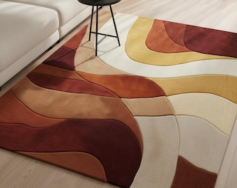 Hand Tufted Wool Rug, Retro 70s Abstract Wavy Area Rug, Terracotta Orange & Mustard 3D Carved Carpet, Mid Century Modern Living Room Decor