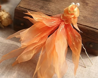 Handmade Silk Flower Hairpin, Orange Organza Blossom, Hanfu Bridal Accessory