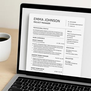 May include: A laptop screen shows a UK CV template, an ATS-friendly resume. The resume includes sections for professional profile, work experience, skills, and education. The text "EDITABLE WORD FILE | PROFESSIONAL & MINIMALIST" is at the bottom.