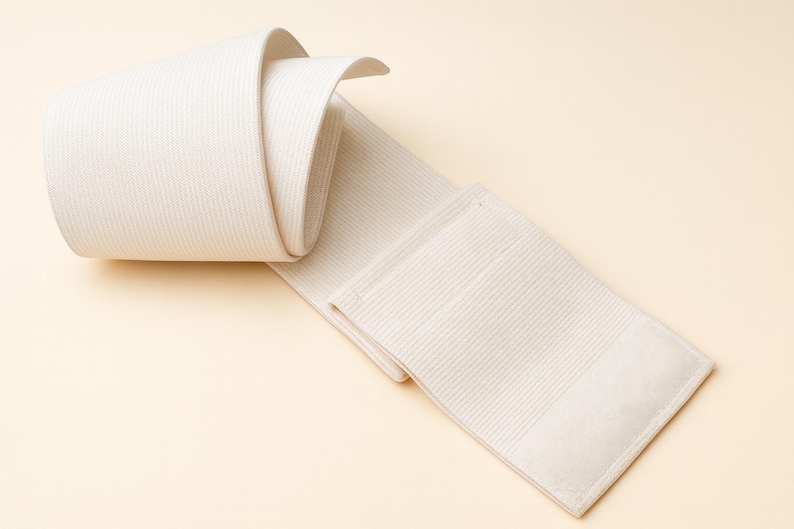May include: A rolled-up, off-white elastic bandage with a ribbed texture. The bandage is partially unrolled, revealing a rectangular end with a smooth, padded section. The background is a light beige.