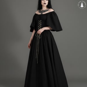Medieval Retro Off Shoulder Dress With Contrast Stitching Flying Sleeves Lace Up Waist And Large Swing Skirt black lace dress image 5