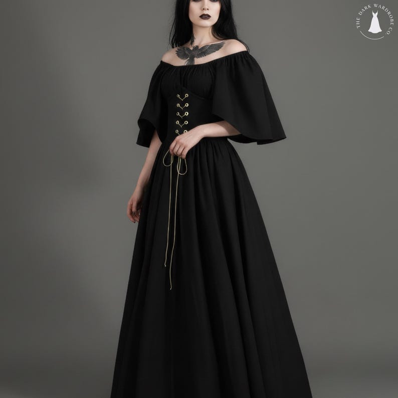 Medieval Retro Off Shoulder Dress With Contrast Stitching Flying Sleeves Lace Up Waist And Large Swing Skirt black lace dress image 5