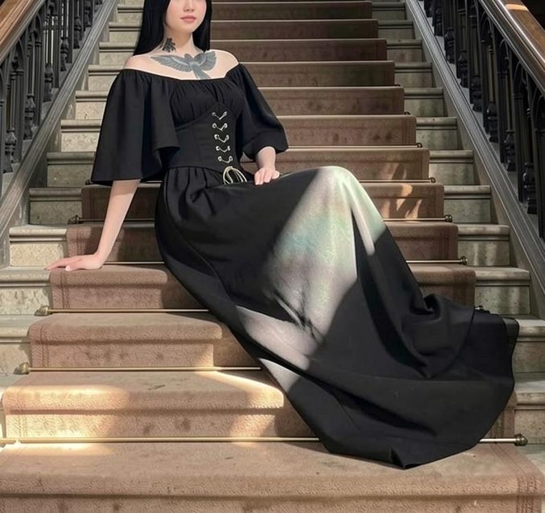Medieval Retro Off Shoulder Dress With Contrast Stitching Flying Sleeves Lace Up Waist And Large Swing Skirt black lace dress image 2