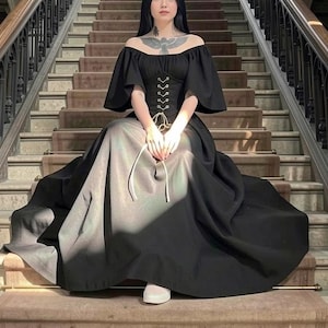 Medieval Retro Off Shoulder Dress With Contrast Stitching Flying Sleeves Lace Up Waist And Large Swing Skirt black lace dress image 1