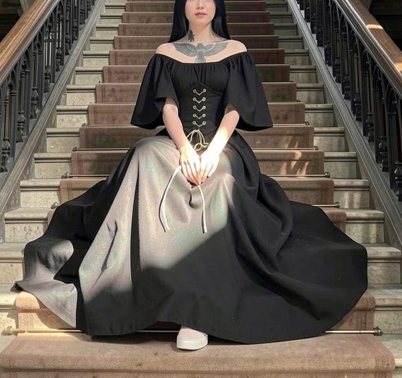 Medieval Retro Off Shoulder Dress With Contrast Stitching Flying Sleeves Lace Up Waist And Large Swing Skirt black lace dress