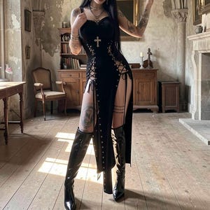 New Gothic Black Cutout Dress Sleeveless Milk Silk Bodycon High Neck Crisscross Side Slit Long Dress For Clubwear Or Alternative Fashion