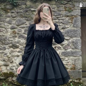 Gothic Black Corset Dress With Lace Trim Polyester Fabric Long Sleeve Lace-Up Waist Vintage Witchcore Outfit Women Medieval Fashion