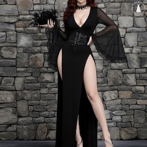 Gothic Black Dress With Slit Sleeves Milk Silk Fabric Polyester Fiber High Slit Lace Trim Statement Fashion Women Witchcore Outfit