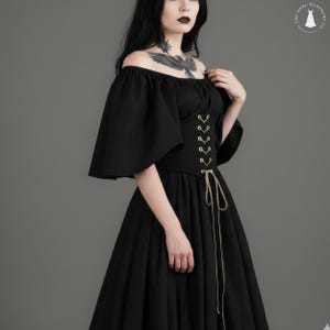 Medieval Retro Off Shoulder Dress With Contrast Stitching Flying Sleeves Lace Up Waist And Large Swing Skirt black lace dress image 4