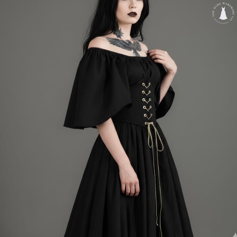 Medieval Retro Off Shoulder Dress With Contrast Stitching Flying Sleeves Lace Up Waist And Large Swing Skirt black lace dress image 4