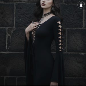 Gothic Lace-Up Black Dress With Flared Sleeves Crisscross Front Alternative Fashion For Women Witchcore Or Dark Wardrobe Display
