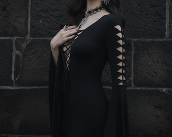Gothic Lace Up Black Dress With Flared Sleeves Crisscross Front Alternative Fashion For Women Witchcore Or Dark Wardrobe Display