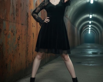 Gothic Skater Dress With Lace Sleeves Black Flared Mini Dress Tulle Hem Party Dress Dark Grunge Outfit Fall Goth Dress For Women Alt Gift