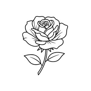 Op de afbeelding: Zwart-wit lijntekening van een roos in volle bloei. De roos heeft meerdere bloemblaadjes en is bevestigd aan een stengel met twee bladeren. Een eenvoudige, elegante illustratie.