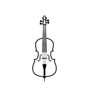 May include: A black and white line drawing of a cello. The instrument is shown in a minimalist style, highlighting its curved form, neck, strings, and scroll. The cello is positioned centrally against a white backdrop.