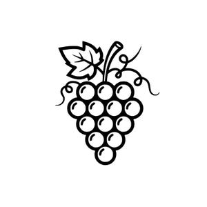 Può includere: Illustrazione in bianco e nero di un grappolo d'uva. L'immagine presenta un gruppo di acini rotondi, un gambo, una foglia e viticci. Il design è semplice e grafico, adatto a varie applicazioni.