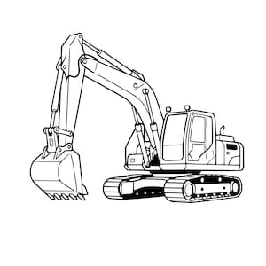 May include: Black and white illustration of an excavator, a heavy construction vehicle. The excavator has a large bucket, a cab with windows, and tracks for movement. The arm is extended, ready for digging or lifting.