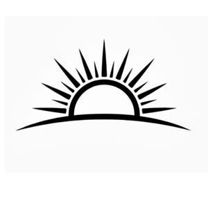 May include: A black and white graphic of a rising sun. The sun is depicted as a semi-circle with sharp rays extending outwards. The design is simple and bold, with a clean, minimalist aesthetic.