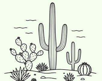 Cactus SVG PNG, woestijnscène gesneden bestand, Saguaro natuur clipart, minimalistische zuidwesten muurkunst, westelijke silhouet voor Cricut