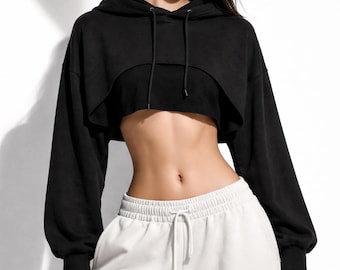 Kurzer Kapuzenpullover für Frauen | Langärmliges Crop-Sweatshirt | Lässiger Streetwear Pullover | Fitness & Lounge Top | Trendige Athleisure Wear