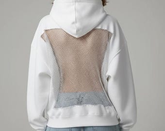 Women’s Mesh Back Hoodie, Casual Pullover Sweatshirt with Hollow Back Detail, Relaxed Fit Hooded Top for Everyday Street Style