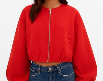 Women’s Minimalist Zip-Up Bomber Jacket | Soft Casual Fall Coat | Round-Neck Lightweight Outerwear