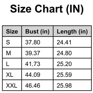 K&ouml;nnte beinhalten: Eine schwarz-wei&szlig;e Gr&ouml;&szlig;entabelle mit der &Uuml;berschrift Size Chart (IN), die Gr&ouml;&szlig;en von S bis XXL mit entsprechenden Brust- und L&auml;ngenma&szlig;en in Zoll auflistet. Die Tabelle enth&auml;lt Zeilen f&uuml;r S, M, L, XL und XXL mit Werten von 37,80 bis 46,46 Zoll.