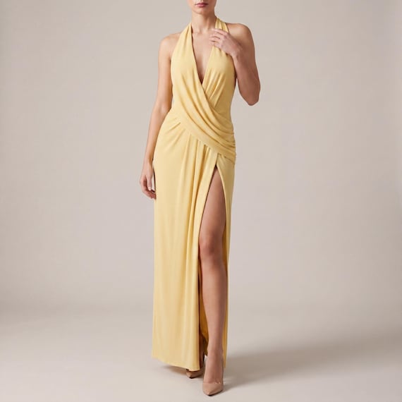 maxi length halter neck dress with high slits Halter Maxi Dress, Deep V Neck, Backless, High Slit Evening Gown