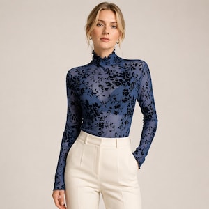 Florales Mesh-Top, durchsichtiges Langarmtop, Stehkragen-Mesh-Bluse, florales Flock-Top, Y2K Mesh-Shirt, durchsichtiges Top, Ausgeh-Top