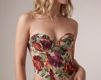 Top corsé con ribete de encaje floral, bustier corto sin tirantes, conjunto veraniego vintage Y2K.