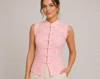 Spitze Stehkragen Top, ärmellose Frosch Knopf Bluse, chinesisch inspiriertes Sommer Shirt