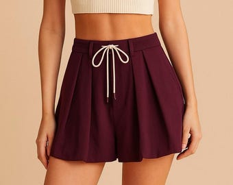 High-Waist Pleated Shorts for Women | Casual Wide-Leg A-Line Shorts | Adjustable Drawstring Waist