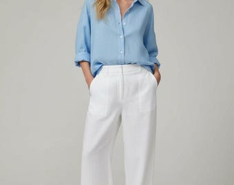 Damen Loose Fit Button Down Shirt, leichte, lässige Langarmbluse, entspanntes Alltagstop