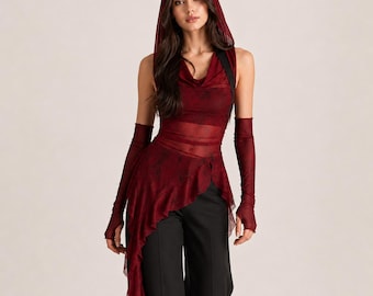 Frauen Gothic Kapuze Mesh Top, Burgunder Asymmetrische Rüschen Tunika, ärmelloses Sheer Festival Top, Y2K Fairy Kern Grunge Party Outfit