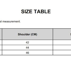 May include: A size table with measurements in centimeters for clothing. The table includes sizes M, L, and XL, with corresponding bust, shoulder, sleeve, and length measurements. The text "SIZE TABLE" is at the top.